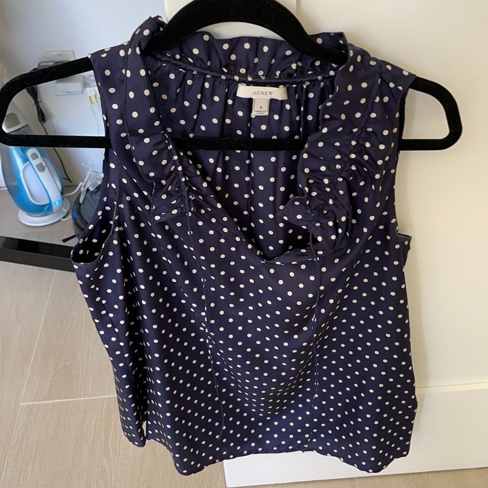 NWT J.Crew Navy PolkaDot Ruffle 100% Silk Top (6)